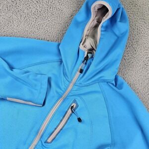 First Ascent Jacket Womens Medium Blue Hooded Softshell Fleece Lined Full Zip